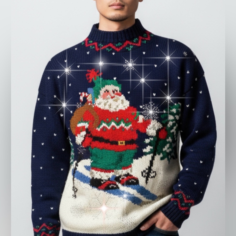 Northern Isles Hand Knit Rhinestone Blizzard Design Christmas Sweater Santa Sz L